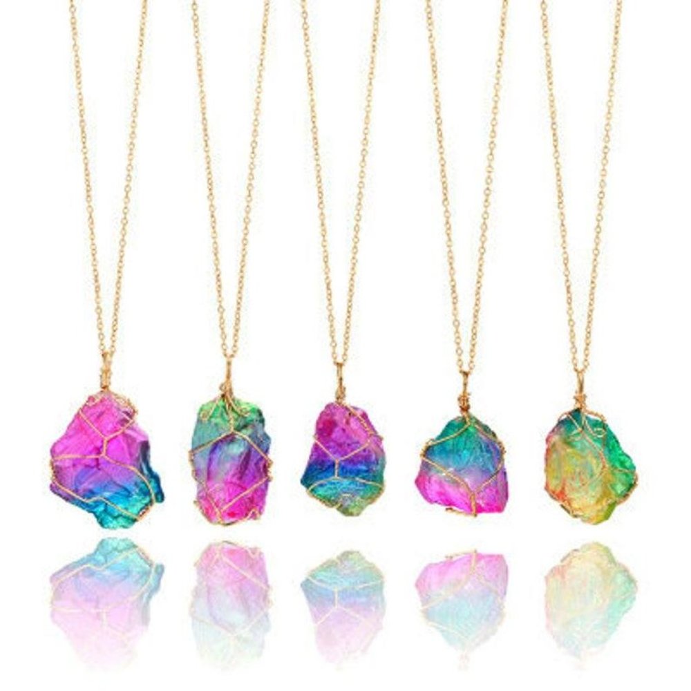 Multicolor Crystal Quartz Necklace - Colorful Stone Gold Plated Jewelry